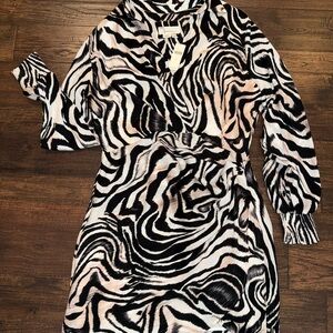 Anthropologie Black and White Zebra Print Long Sleeve Wrap Dress